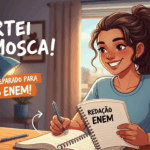 Jovem sorridente segurando caderno com “Redação ENEM” e frases “Acertei na mosca!” e “Preparado para o ENEM!”.