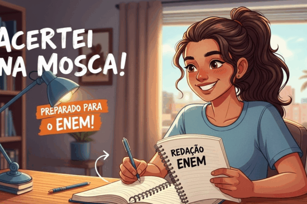 Jovem sorridente segurando caderno com “Redação ENEM” e frases “Acertei na mosca!” e “Preparado para o ENEM!”.