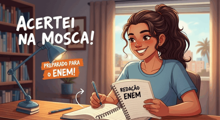 Jovem sorridente segurando caderno com “Redação ENEM” e frases “Acertei na mosca!” e “Preparado para o ENEM!”.