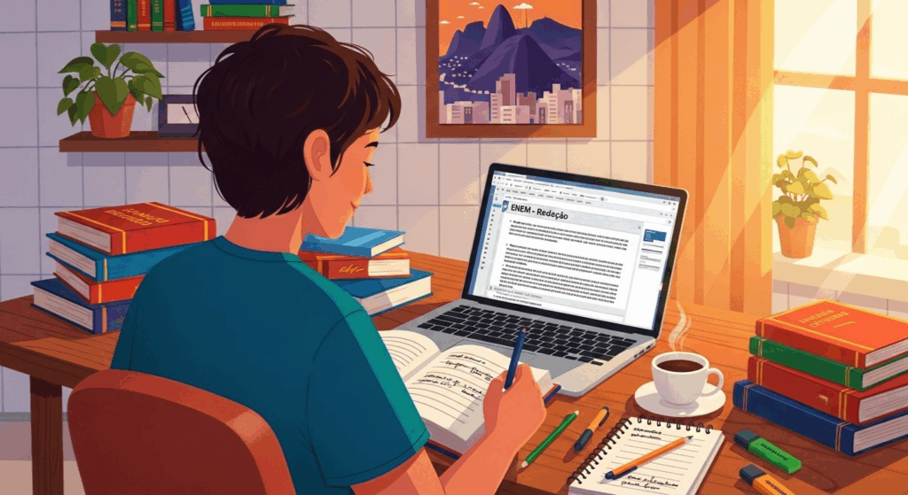 Estudante revisando redação do ENEM em notebook, com anotações, livros e xícara de café sobre a mesa.