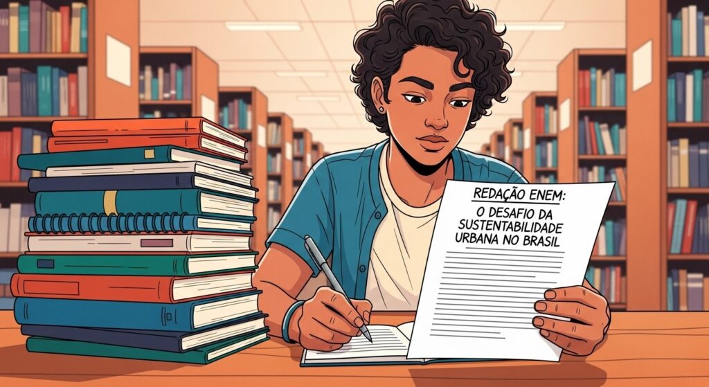 Jovem escrevendo em biblioteca com redação “O desafio da sustentabilidade urbana no Brasil” e pilha de livros.