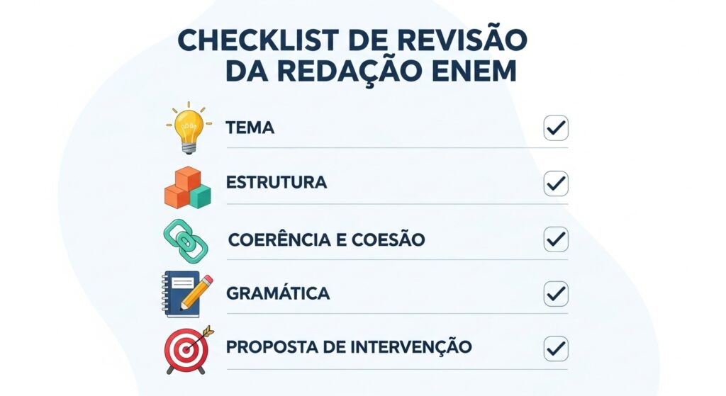 Checklist de revisão da redação ENEM com cinco itens: tema, estrutura, coerência e coesão, gramática, proposta de intervenção.