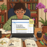 Estudante lendo texto “A importância da educação na sociedade brasileira” em notebook, com livros e anotações ao redor.