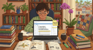 Estudante lendo texto “A importância da educação na sociedade brasileira” em notebook, com livros e anotações ao redor.