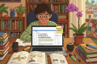 Estudante lendo texto “A importância da educação na sociedade brasileira” em notebook, com livros e anotações ao redor.