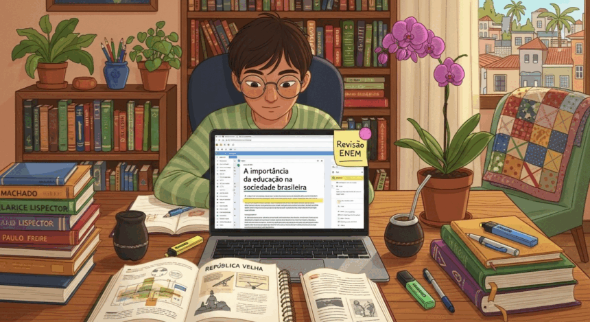 Estudante lendo texto “A importância da educação na sociedade brasileira” em notebook, com livros e anotações ao redor.