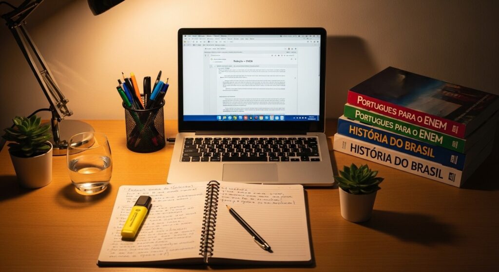 Mesa com caderno aberto, marca-texto amarelo, copo d’água, notebook com texto do ENEM e livros empilhados.
