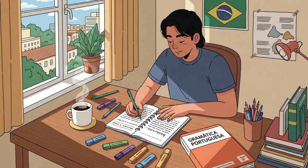 Jovem escrevendo em caderno com marca-textos, livro de gramática portuguesa e bandeira do Brasil ao fundo.