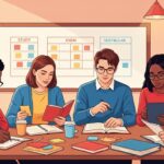 Grupo de cinco estudantes reunidos estudando com livros e tablets, com quadros “Study”, “ENEM” e “Vestibular” ao fundo.