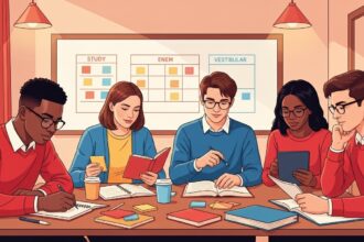 Grupo de cinco estudantes reunidos estudando com livros e tablets, com quadros “Study”, “ENEM” e “Vestibular” ao fundo.