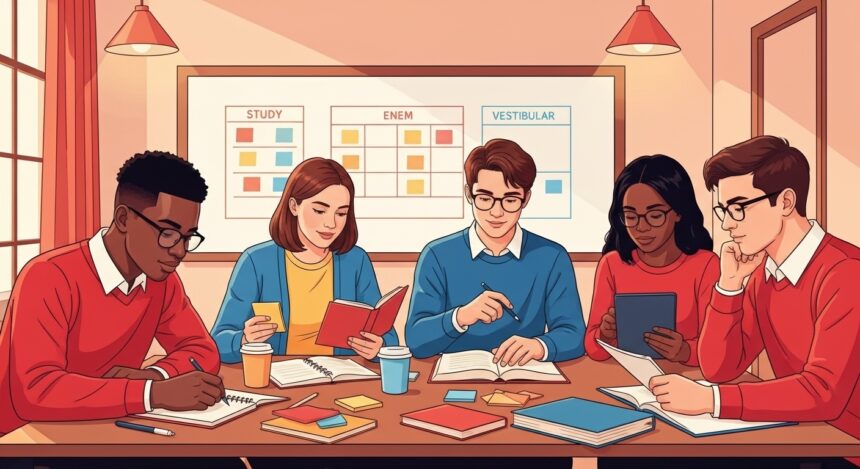 Grupo de cinco estudantes reunidos estudando com livros e tablets, com quadros “Study”, “ENEM” e “Vestibular” ao fundo.