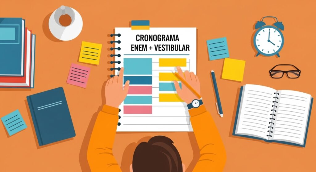 Vista superior de mesa com cronograma “ENEM + Vestibular” sendo preenchido, livros, café e blocos de anotações.