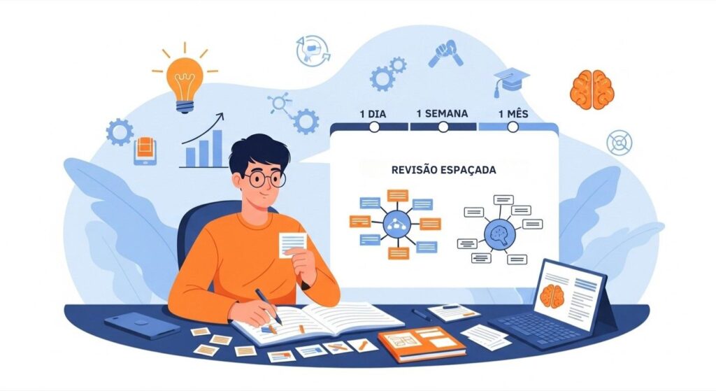 Estudante revisando com fichas e cronograma “1 dia, 1 semana, 1 mês” sob o título “Revisão espaçada”.