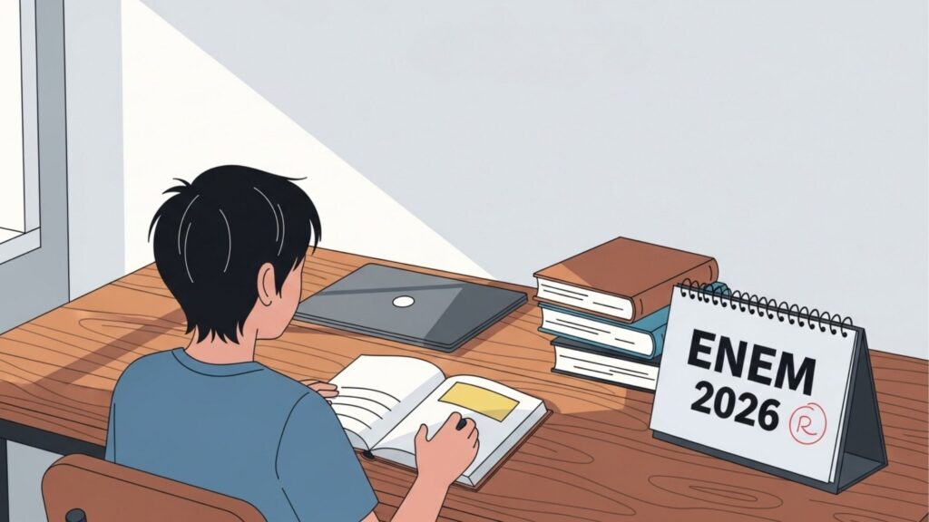 Jovem lendo livro sobre mesa com pilha de livros, notebook fechado e calendário com a inscrição “ENEM 2026”.