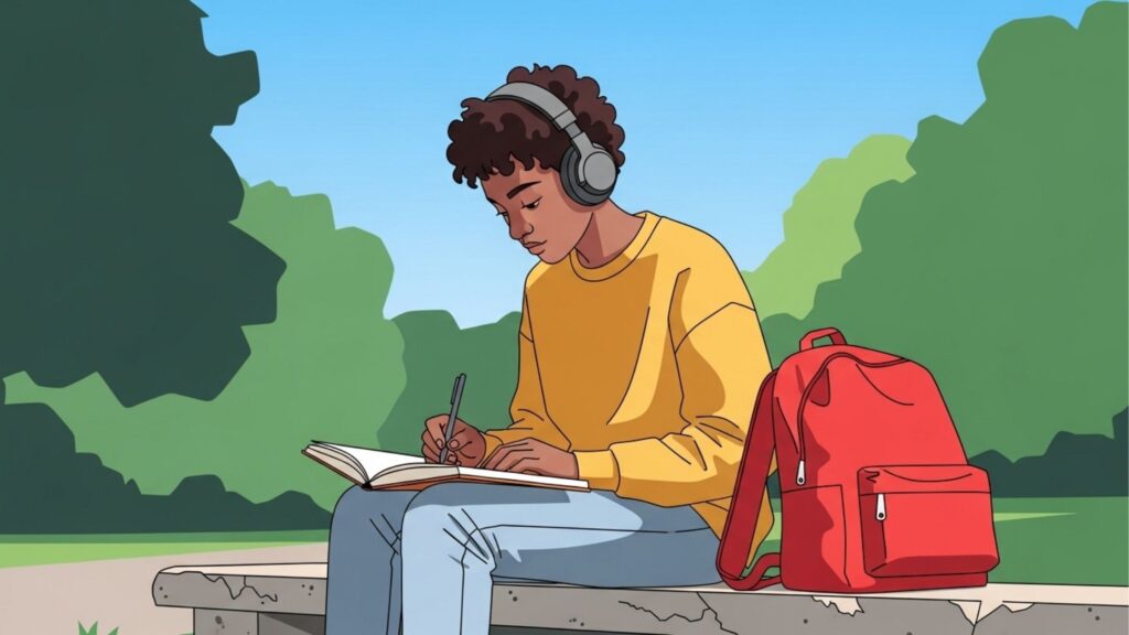 Pessoa estudando em banco de praça com fones de ouvido, caderno no colo e mochila vermelha ao lado, cercada por árvores.