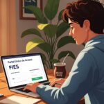 Pessoa acessando o site do FIES em notebook com o título “Portal Único de Acesso”, sentada à mesa com chimarrão e plantas ao redor, em ambiente iluminado.