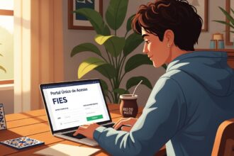 Pessoa acessando o site do FIES em notebook com o título “Portal Único de Acesso”, sentada à mesa com chimarrão e plantas ao redor, em ambiente iluminado.