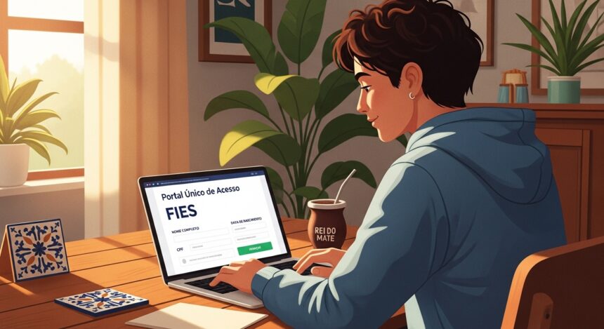 Pessoa acessando o site do FIES em notebook com o título “Portal Único de Acesso”, sentada à mesa com chimarrão e plantas ao redor, em ambiente iluminado.