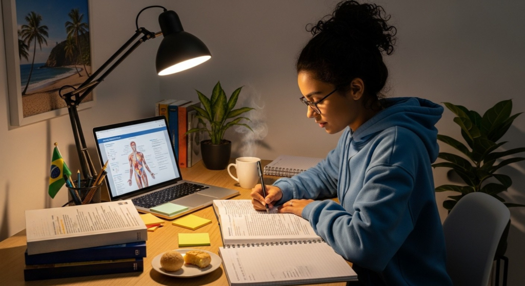 Jovem estudando em mesa organizada com livros de anatomia, caderno aberto, laptop exibindo imagem do corpo humano, bandeira do Brasil e lanche com café ao lado.