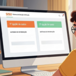 Jovem de óculos olhando para a tela de um computador com o site do SISU aberto, mostrando as opções “1ª opção de curso” e “2ª opção de curso”, ambas preenchidas com “Sistemas de Informação”, em ambiente de estudo com livros e luminária.