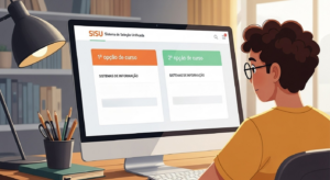Jovem de óculos olhando para a tela de um computador com o site do SISU aberto, mostrando as opções “1ª opção de curso” e “2ª opção de curso”, ambas preenchidas com “Sistemas de Informação”, em ambiente de estudo com livros e luminária.