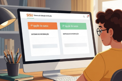 Jovem de óculos olhando para a tela de um computador com o site do SISU aberto, mostrando as opções “1ª opção de curso” e “2ª opção de curso”, ambas preenchidas com “Sistemas de Informação”, em ambiente de estudo com livros e luminária.
