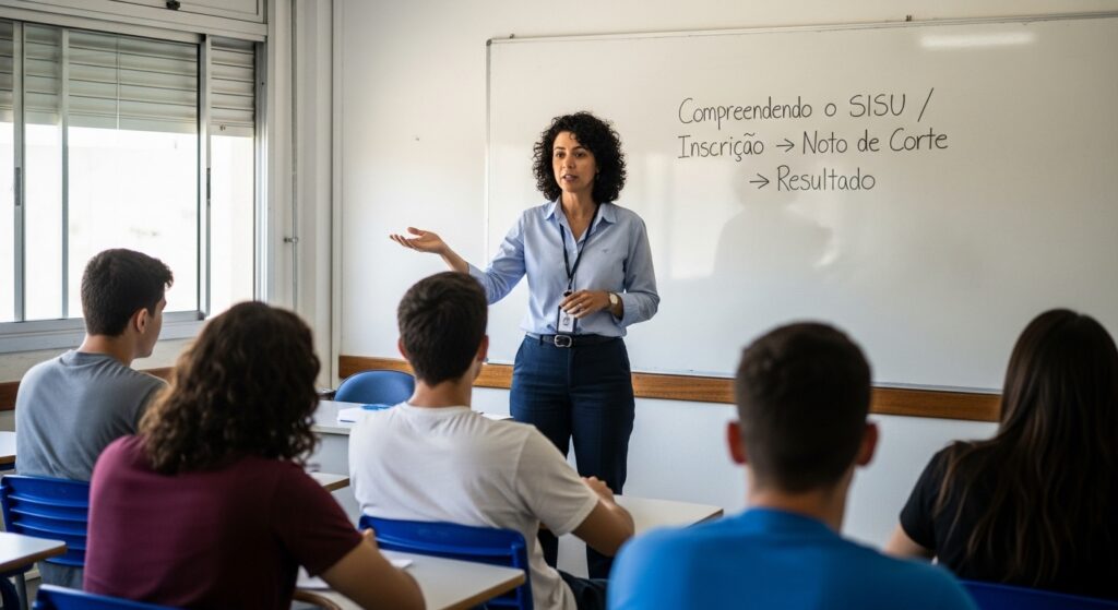 Professora em sala de aula explicando o funcionamento do SISU para um grupo de estudantes sentados; no quadro branco está escrito: “Compreendendo o SISU / Inscrição → Nota de Corte → Resultado”.