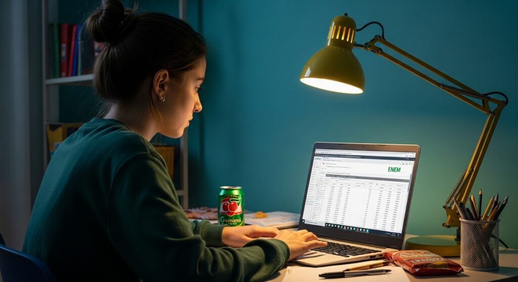 Jovem concentrada usando notebook à noite, com site do ENEM aberto na tela exibindo tabela de notas, lata de refrigerante e pacotes de snacks sobre a mesa, iluminada por luminária amarela.