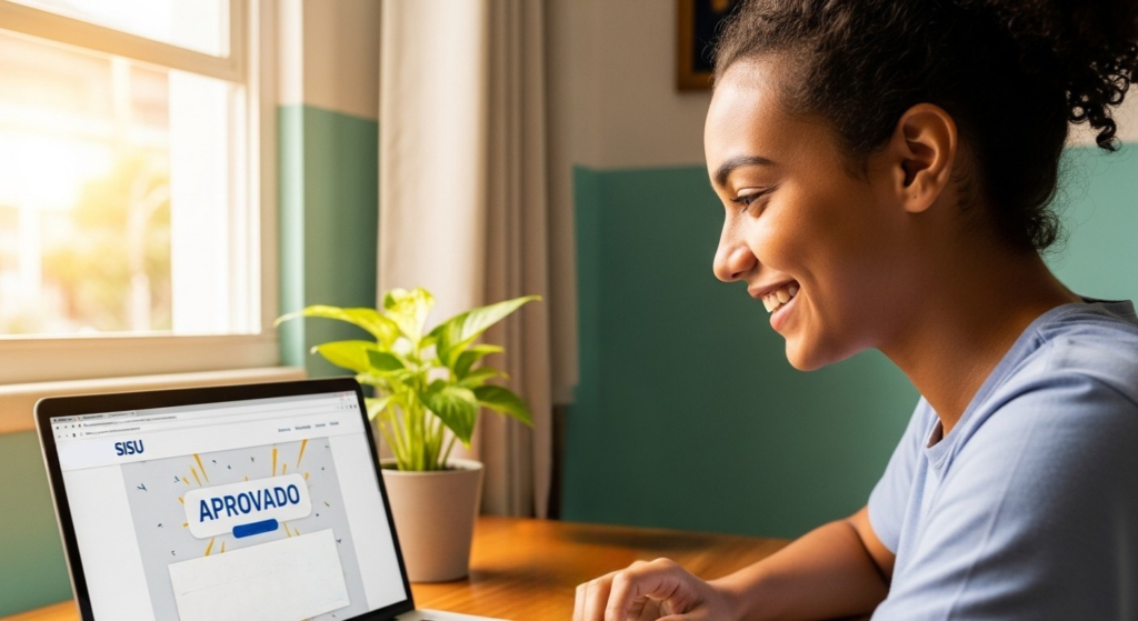 Alt text disse: Jovem sorrindo em frente a um notebook que exibe a palavra “APROVADO” no site do SISU, sentada à mesa com planta ao fundo, em ambiente iluminado pela luz do dia.
