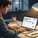 Estudante usando notebook à noite com planilha de “Cálculo da Média Ponderada” aberta, cercado por livros, caderno e luminária acesa.