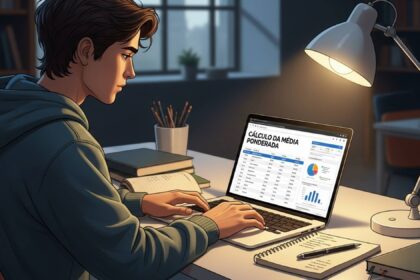 Estudante usando notebook à noite com planilha de “Cálculo da Média Ponderada” aberta, cercado por livros, caderno e luminária acesa.