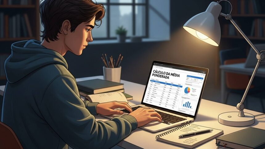 Estudante usando notebook à noite com planilha de “Cálculo da Média Ponderada” aberta, cercado por livros, caderno e luminária acesa.