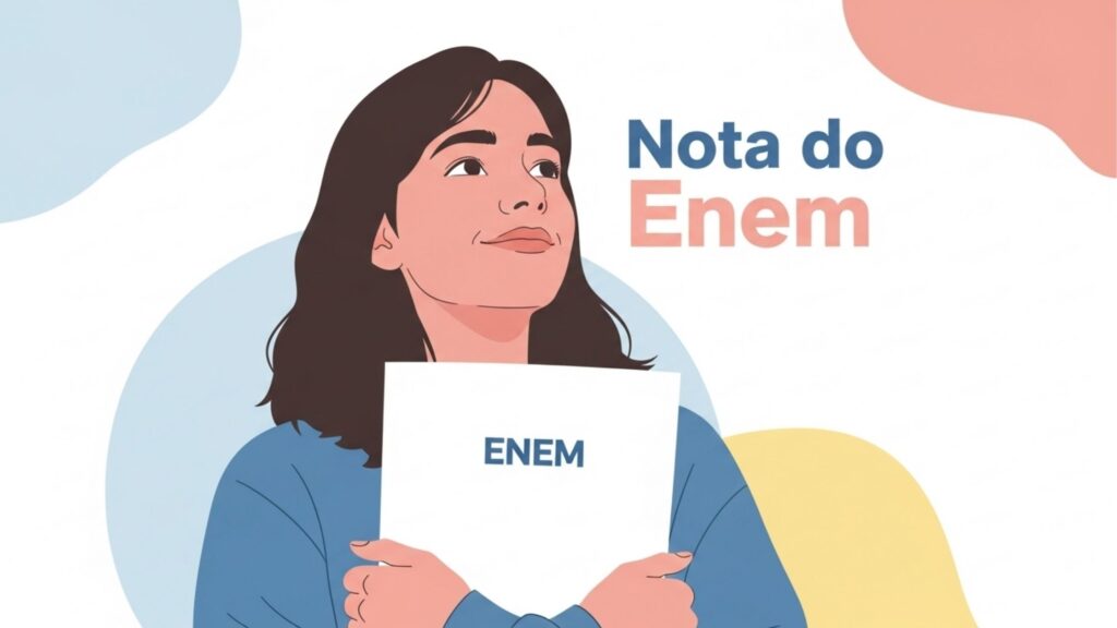 Jovem segurando um papel com a palavra “ENEM” e expressão confiante, ao lado do texto “Nota do Enem” em fundo com formas coloridas.