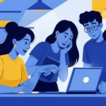 Grupo de quatro jovens reunidos ao redor de um notebook, sorrindo e apontando para a tela, em ambiente ilustrado com tons de azul e amarelo.