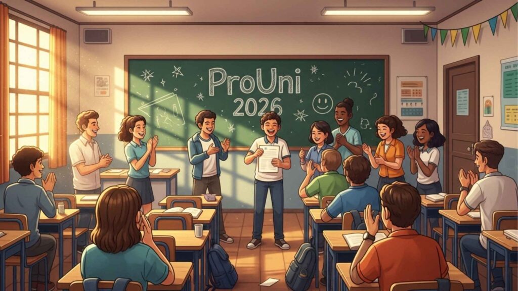 Estudante sorridente exibindo um documento em sala de aula decorada, enquanto colegas aplaudem diante de lousa com a inscrição “ProUni 2026”.