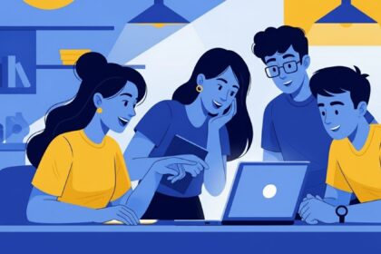 Grupo de quatro jovens reunidos ao redor de um notebook, sorrindo e apontando para a tela, em ambiente ilustrado com tons de azul e amarelo.