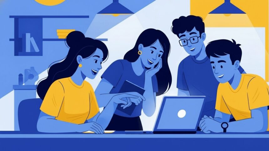 Grupo de quatro jovens reunidos ao redor de um notebook, sorrindo e apontando para a tela, em ambiente ilustrado com tons de azul e amarelo.