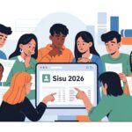 Grupo de estudantes ao redor de um computador que exibe a tela “Sisu 2026”; alguns apontam para os resultados enquanto outros seguram papéis com expressões de expectativa e atenção.
