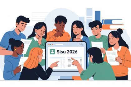 Grupo de estudantes ao redor de um computador que exibe a tela “Sisu 2026”; alguns apontam para os resultados enquanto outros seguram papéis com expressões de expectativa e atenção.
