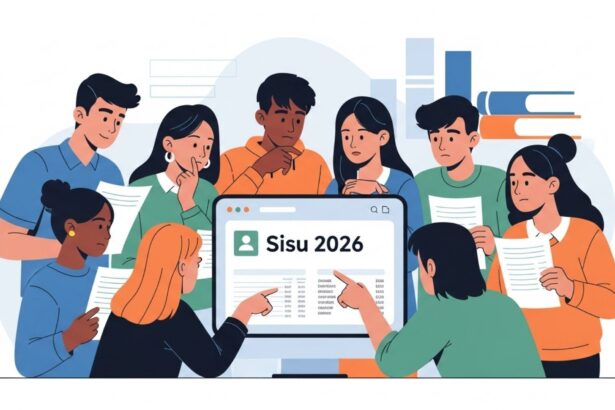 Grupo de estudantes ao redor de um computador que exibe a tela “Sisu 2026”; alguns apontam para os resultados enquanto outros seguram papéis com expressões de expectativa e atenção.