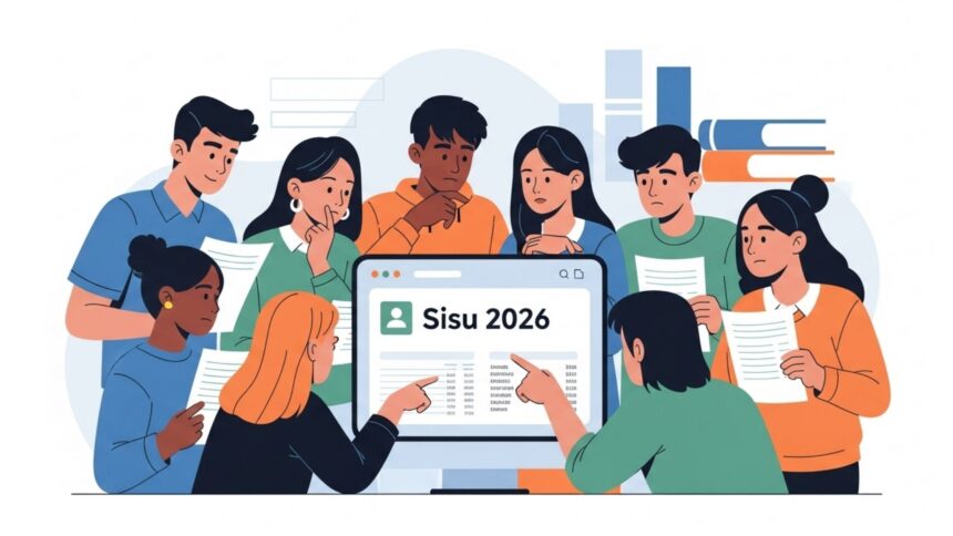 Grupo de estudantes ao redor de um computador que exibe a tela “Sisu 2026”; alguns apontam para os resultados enquanto outros seguram papéis com expressões de expectativa e atenção.