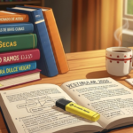 Mesa de estudos com livros de literatura como “Memórias Póstumas de Brás Cubas”, “Vidas Secas” e “Onde Andará Dulce Veiga?”, ao lado de caneca com café, marca-texto amarelo e material para o “Vestibular 2026”.