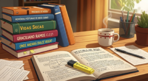 Mesa de estudos com livros de literatura como “Memórias Póstumas de Brás Cubas”, “Vidas Secas” e “Onde Andará Dulce Veiga?”, ao lado de caneca com café, marca-texto amarelo e material para o “Vestibular 2026”.