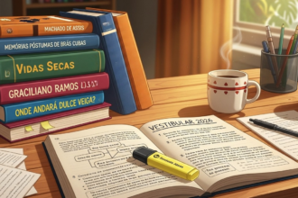 Mesa de estudos com livros de literatura como “Memórias Póstumas de Brás Cubas”, “Vidas Secas” e “Onde Andará Dulce Veiga?”, ao lado de caneca com café, marca-texto amarelo e material para o “Vestibular 2026”.
