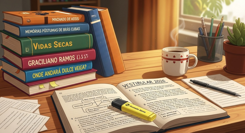 Mesa de estudos com livros de literatura como “Memórias Póstumas de Brás Cubas”, “Vidas Secas” e “Onde Andará Dulce Veiga?”, ao lado de caneca com café, marca-texto amarelo e material para o “Vestibular 2026”.