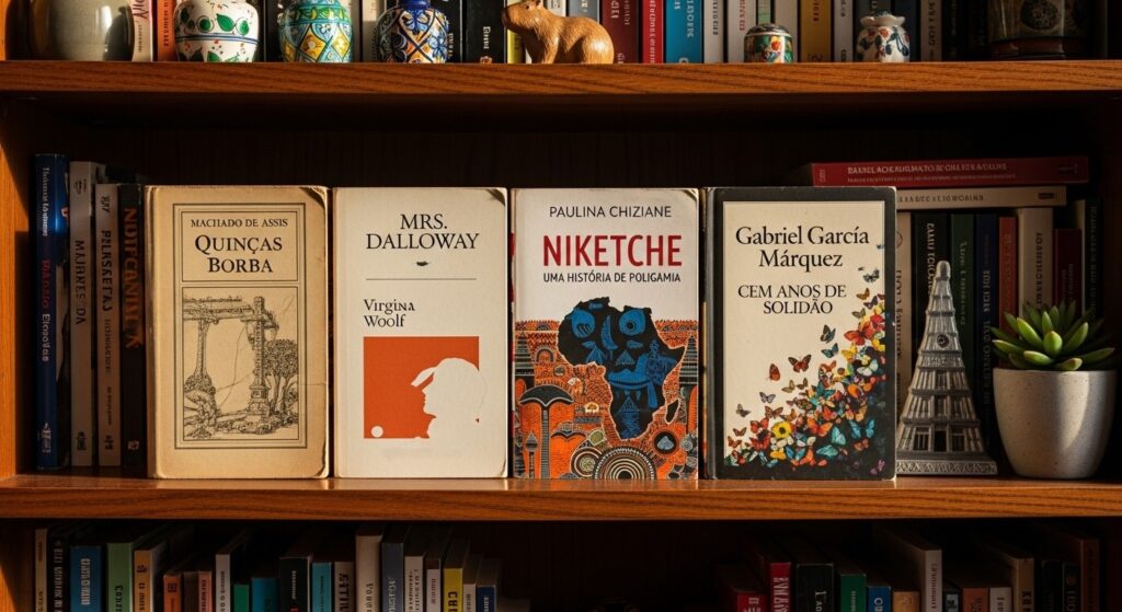 Estante com livros organizados em destaque, incluindo “Quincas Borba”, “Mrs. Dalloway”, “Niketche” e “Cem Anos de Solidão”, cercados por objetos decorativos e vasos.