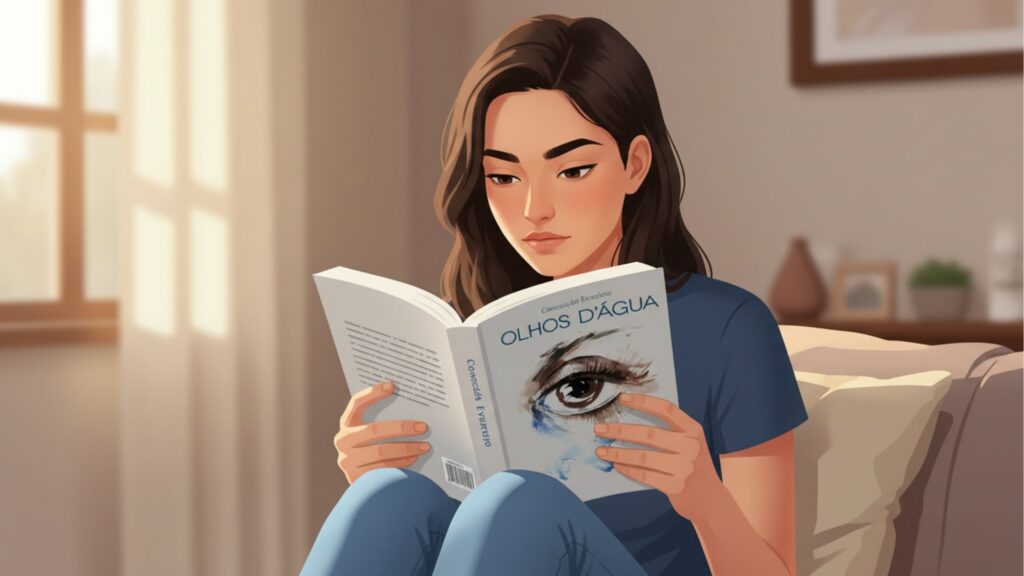 Alt text disse: Jovem sentada em ambiente aconchegante lendo o livro “Olhos D’Água”, de Conceição Evaristo, com capa que destaca um olho desenhado com traços de lágrimas.