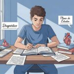Estudante escrevendo em livro aberto sobre mesa com esqueleto e modelo de coração, papéis com anotações e laptop exibindo imagem do sistema muscular; balões com os textos “Diagnóstico” e “Plano de Estudos”.