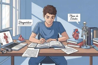 Estudante escrevendo em livro aberto sobre mesa com esqueleto e modelo de coração, papéis com anotações e laptop exibindo imagem do sistema muscular; balões com os textos “Diagnóstico” e “Plano de Estudos”.