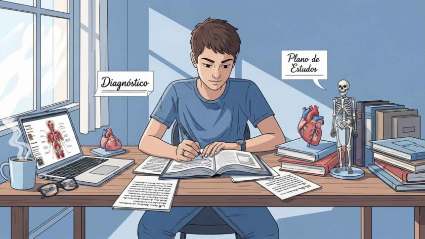 Estudante escrevendo em livro aberto sobre mesa com esqueleto e modelo de coração, papéis com anotações e laptop exibindo imagem do sistema muscular; balões com os textos “Diagnóstico” e “Plano de Estudos”.